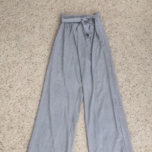 Gray and white striped flowy pants with belt tie